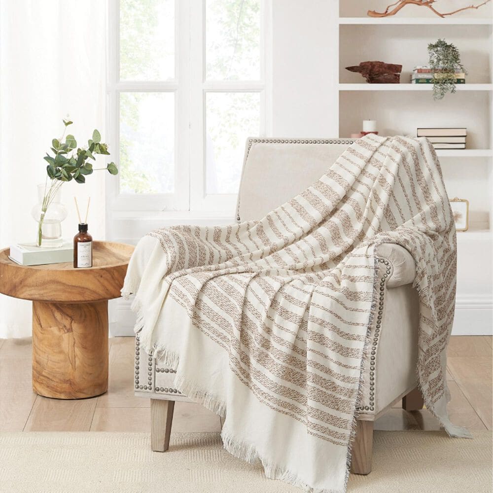BCP Home 50&quot; x 60&quot; Rolled Stripe Throw Blanket in Cream and Tan, , large