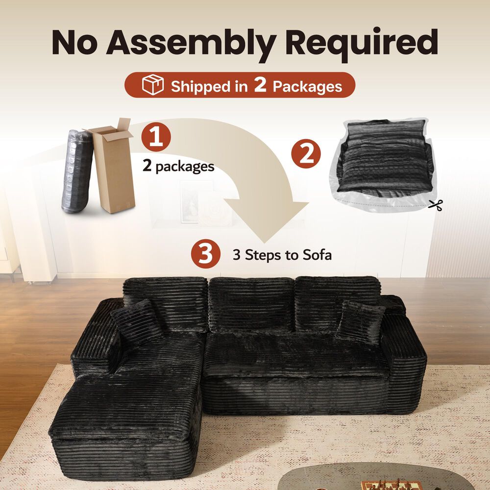 HOMLUX 105.5" Zero Assembly Sofa with Ergonomic Chaise Sectional in Black, , large