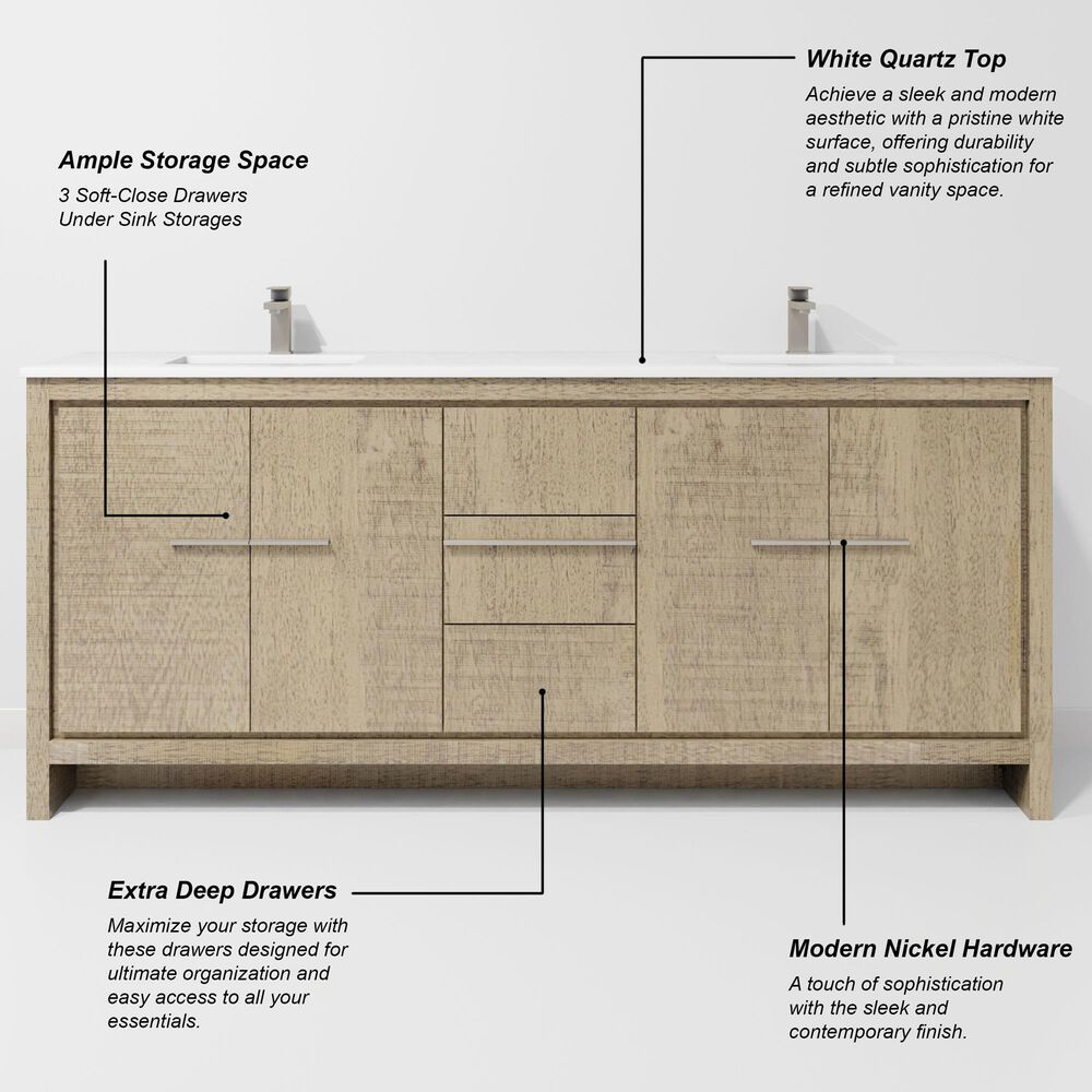 Lexora Home Lafarre 80" Double Bathroom Vanity in Rustic Acacia with 2 cm White Quartz Top and Rectangular Sinks, , large