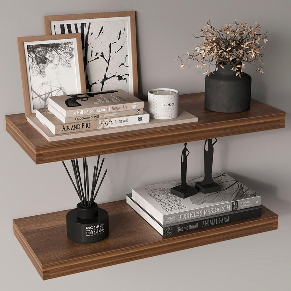 Hearth and Haven Ecco32" Floating Wall Shelf with Space-Saving Design in Walnut (Set of 2), , large