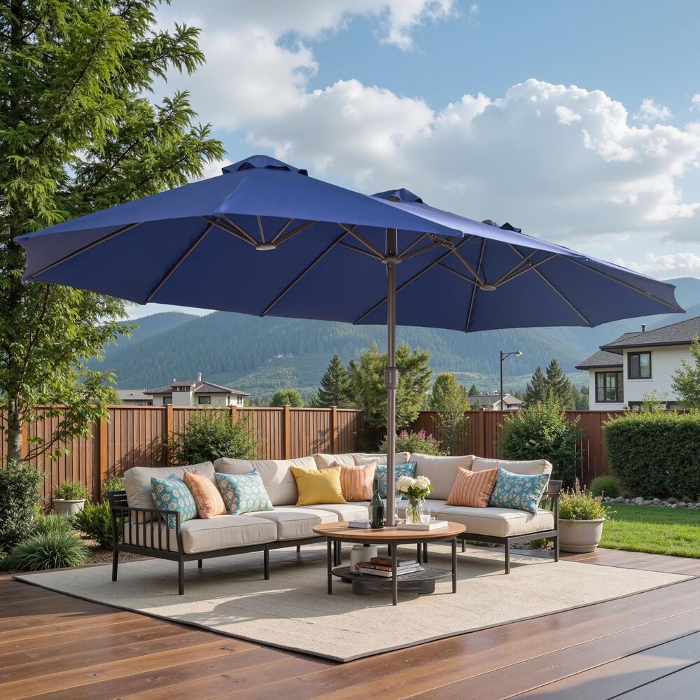 HOMLUX 15' Double-Sided Outdoor Market Umbrella with Sandbag Base in Royal Blue, , large