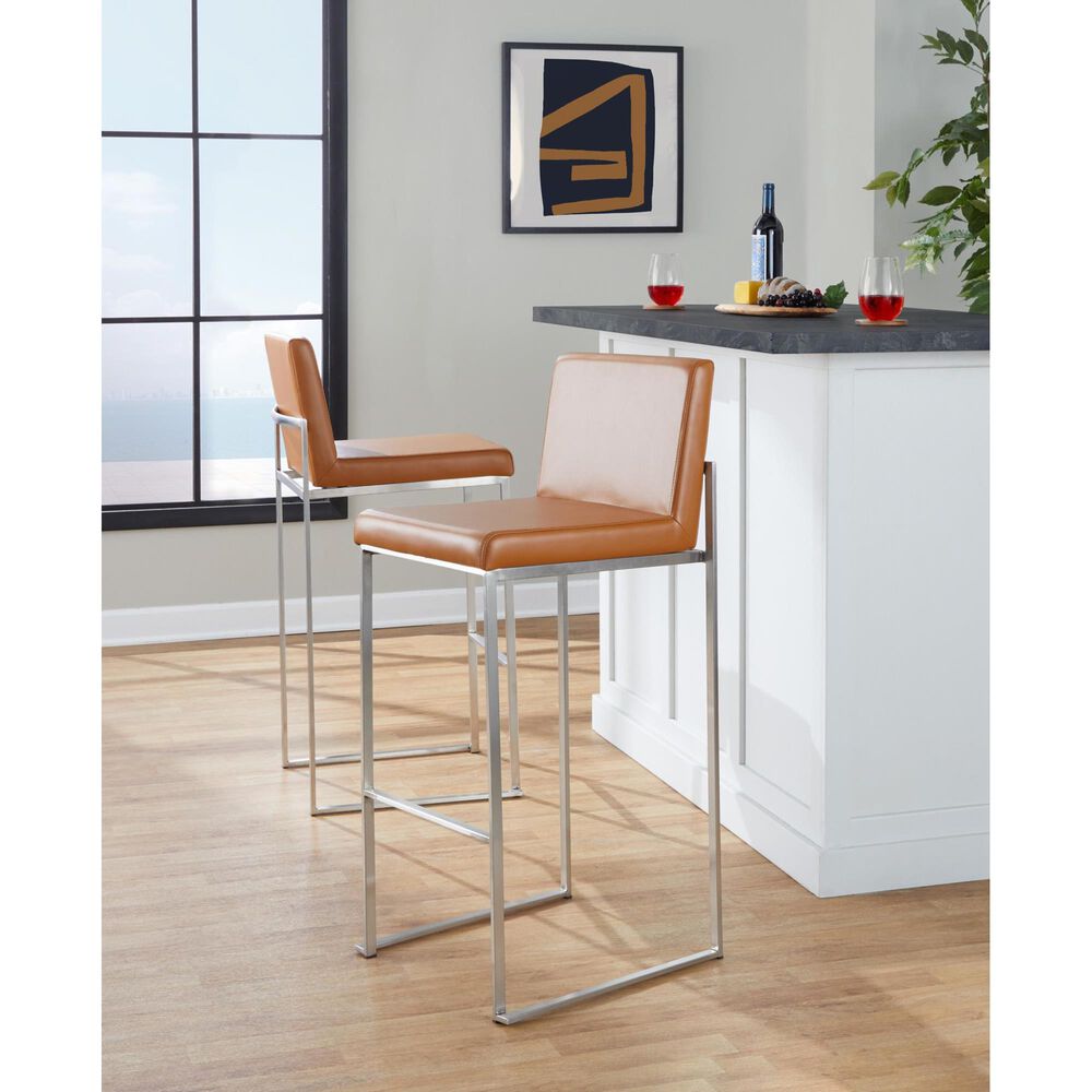 LumiSource Fuji Stackable Barstool with Camel Faux Leather in Stainless Steel (Set of 2), , large