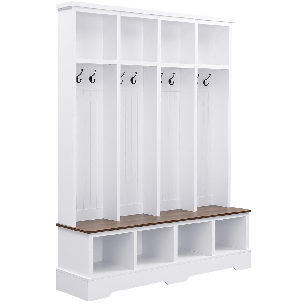 HOMLUX 8-Hook Hall Tree with Entryway Bench in White and Walnut, , large