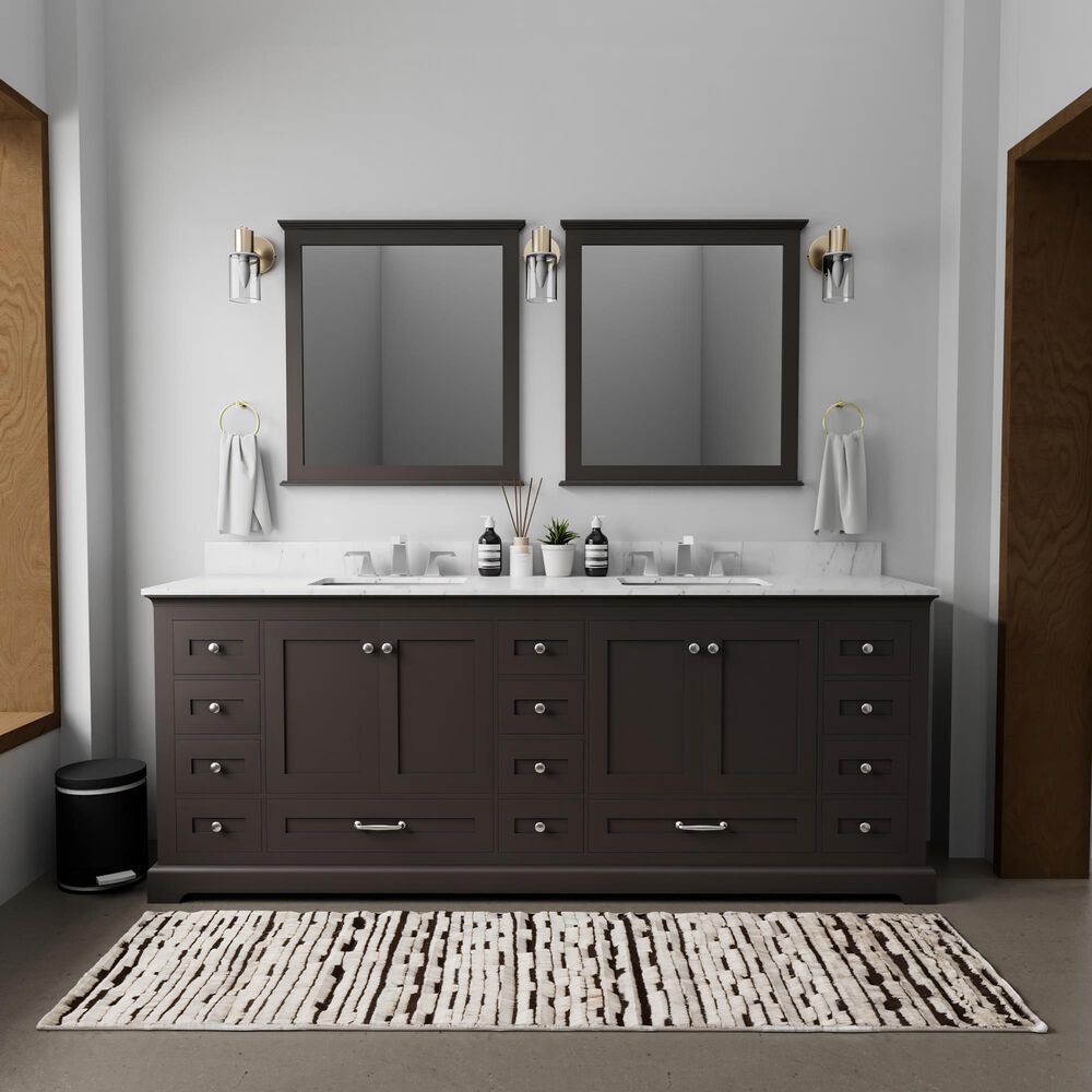 Lexora Home Dukes 84" Double Bathroom Vanity in Espresso with 2 cm White Carrara Marble Top and Rectangular Sinks, , large