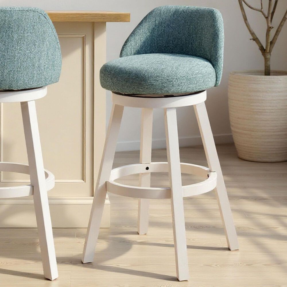 Armen Living Erika Swivel Bar Height Stool with Light Blue Upholstery in White, , large