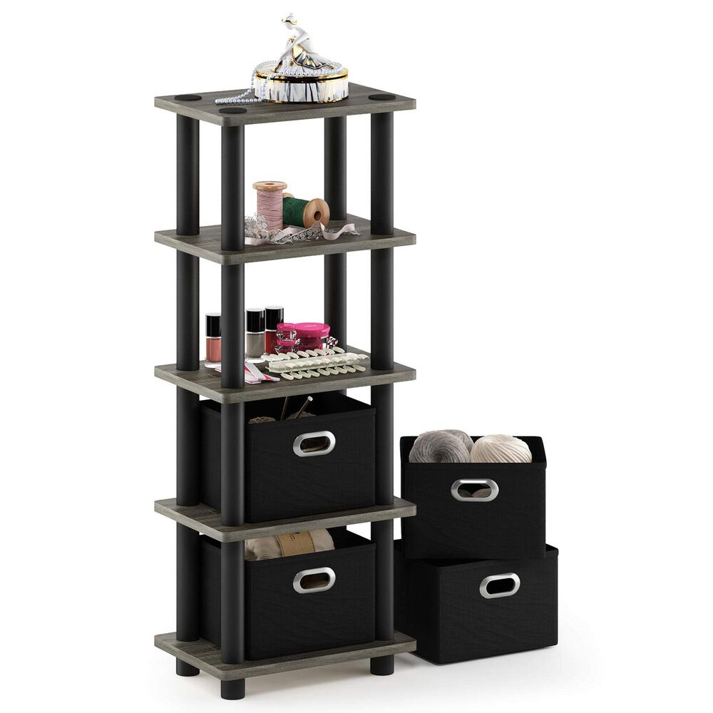 HOMLUX 5-Tier Tall Corner Open Bookshelf with 4 Storage Bins in French Oak Grey and Black, , large