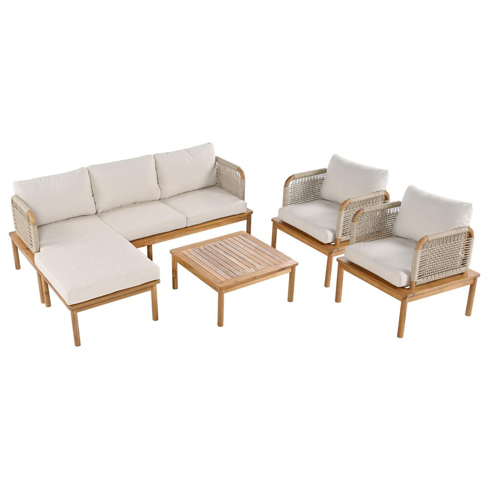 Hearth and Haven 5-Piece Outdoor Conversation Set with Weather Rope and Beige in Teak, , large