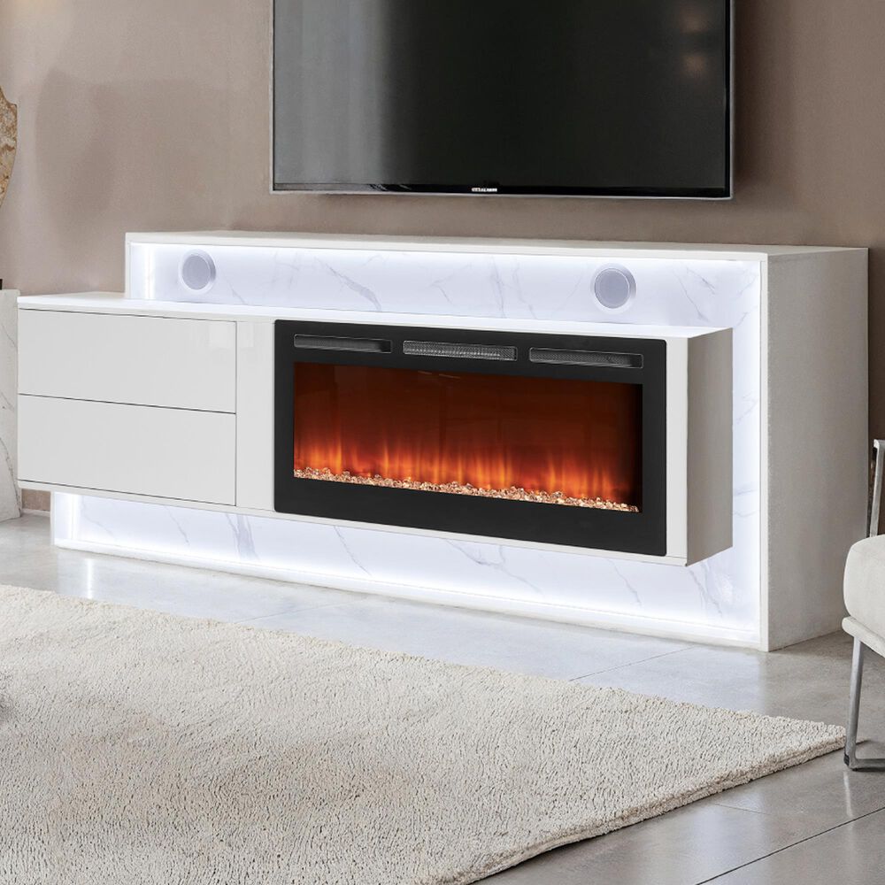 Modern Market Kira 87" TV Stand with Fireplace and Bluetooth Speaker in White, , large