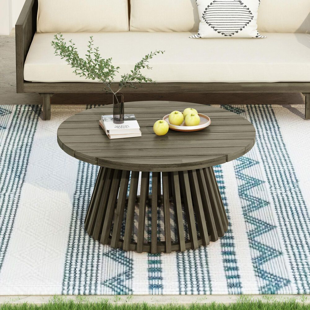 Hearth and Haven Outdoor Round Coffee Table with Slatted Base in Gray, , large