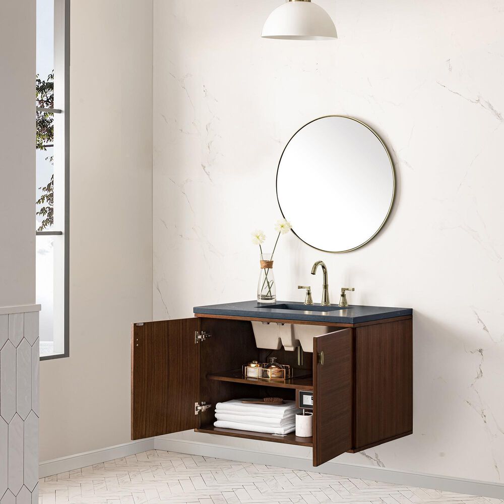 James Martin Vanities Amberly 36&quot; Single Bathroom Vanity in Walnut with 3 cm Charcoal Soapstone Quartz Top and Rectangular Sink, , large