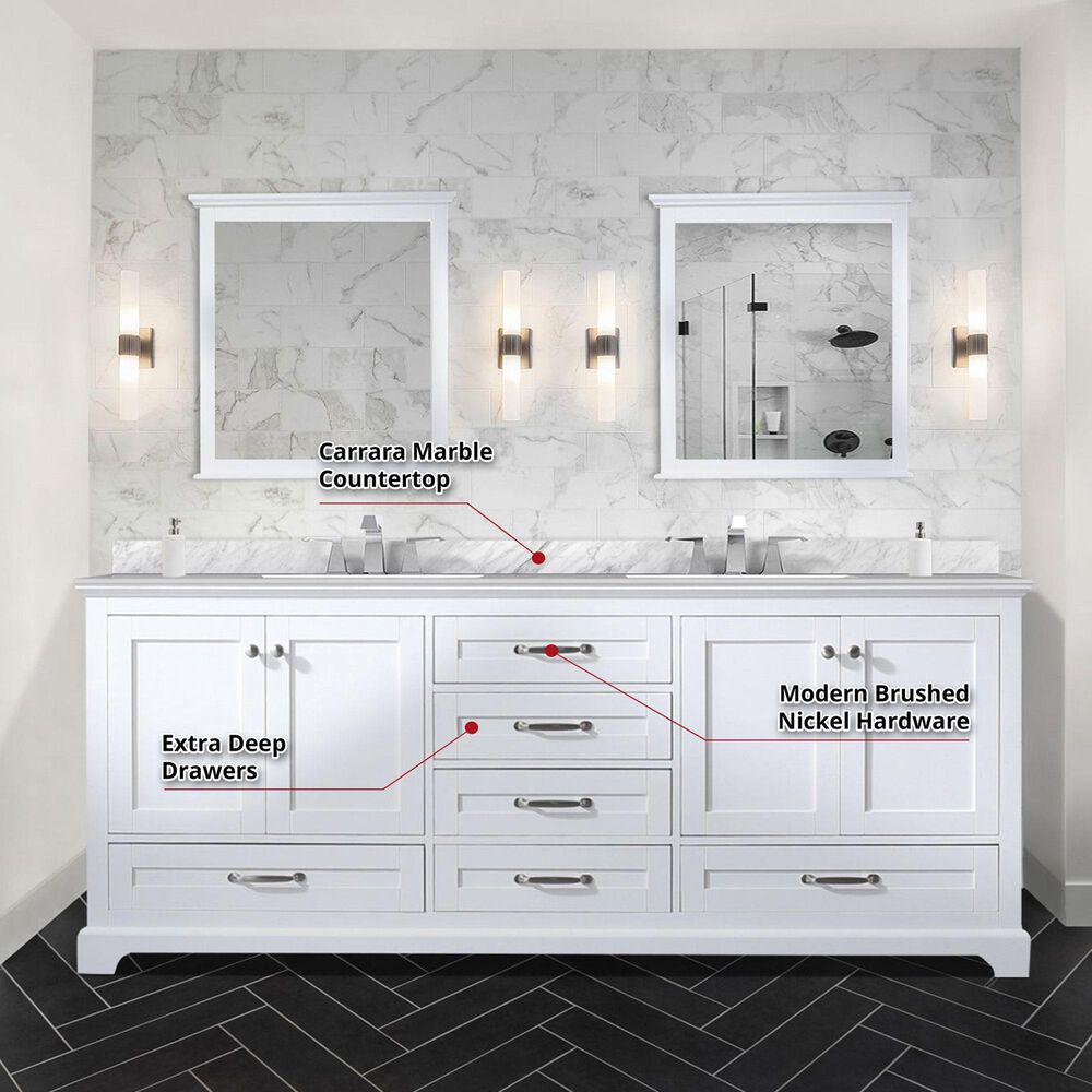 Lexora Home Dukes 80&quot; Double Bathroom Vanity in White with 2 cm White Carrara Marble Top and Rectangular Sinks, , large