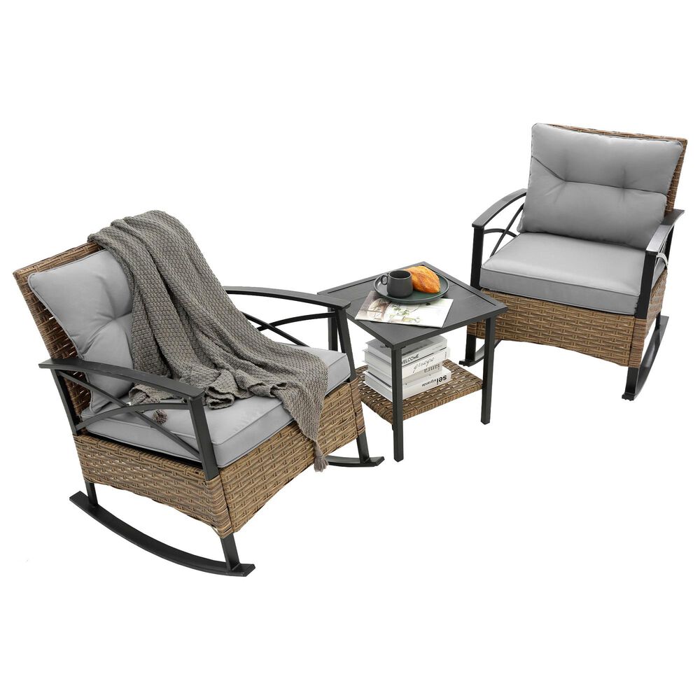 Hearth and Haven 3-Piece Patio Chat Set with Gray Cushion in Black, , large