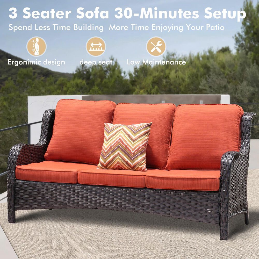 HOMLUX 3-Piece 72" Patio Sofa and Ottoman Set with Brown Wicker in Orange, , large