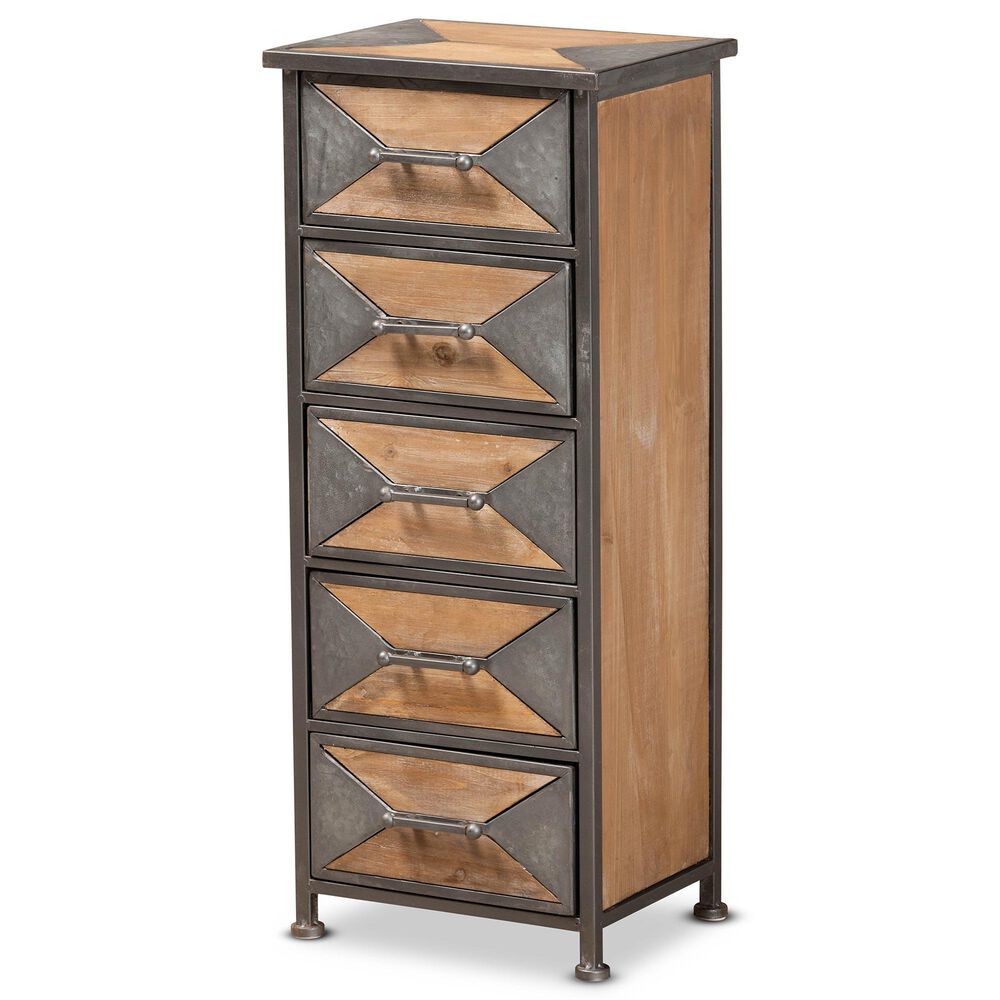Baxton Studio Laurel 5-Drawer Accent Storage Cabinet in Whitewashed Oak Brown and Antique Grey, , large