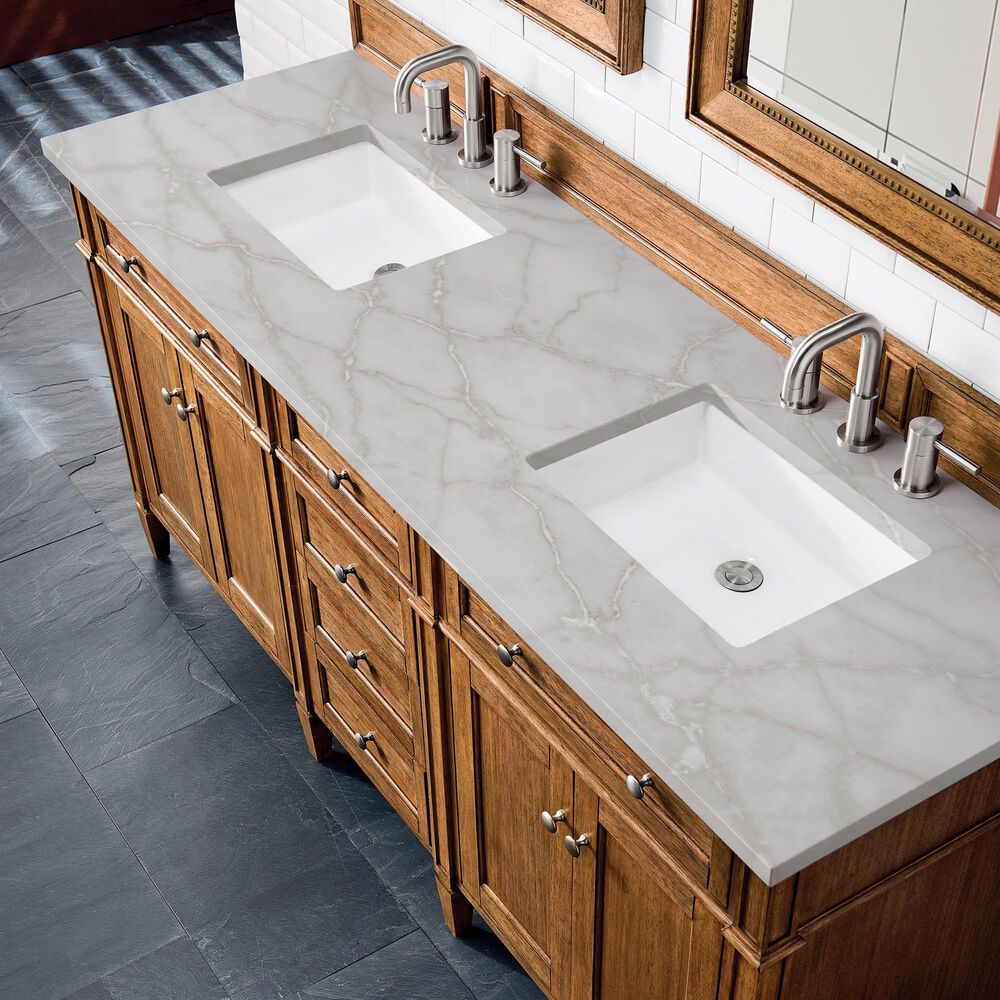 James Martin Vanities Brittany 72" Double Bathroom Vanity in Saddle Brown with 3 cm Eternal Jasmine Pearl Silestone Top, Rectangular Sinks and FreePower Wireless Charger, , large