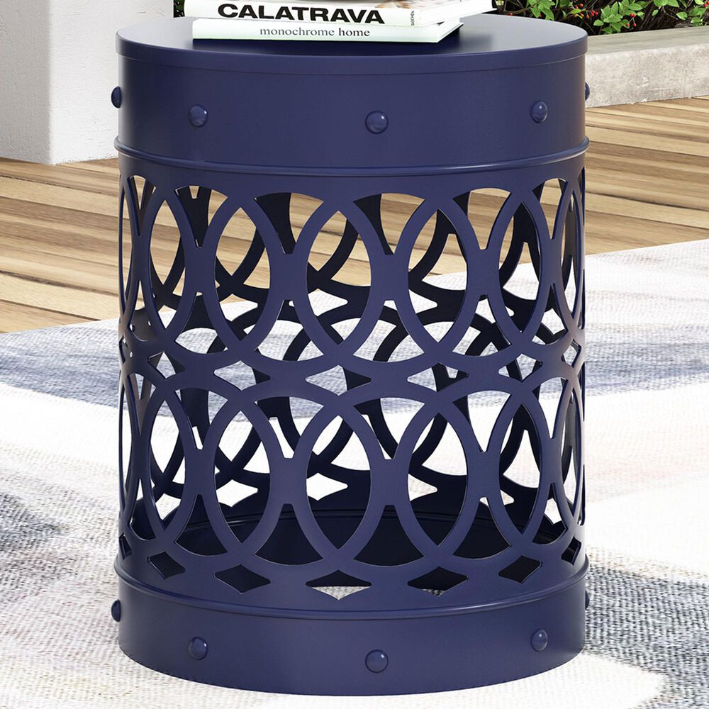 Hearth and Haven Large Cylindrical-Shaped Iron Patio End Table in Navy Blue, , large