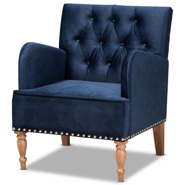 Baxton Studio Eri Armchair in Navy Blue and Brown, , large