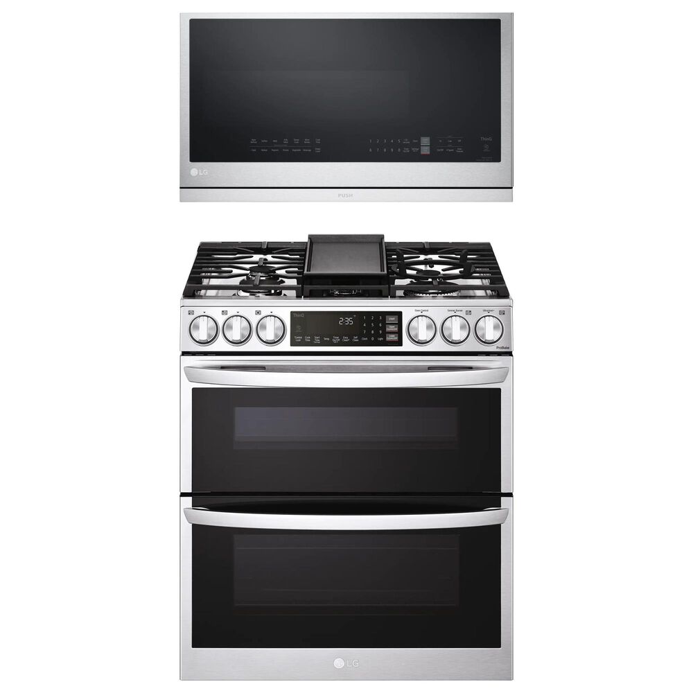 LG 2-Piece Kitchen Package with 6.9 Cu. Ft. Smart Slide-In Double Oven Gas Range and 2.1 Cu. Ft. Smart Over-the-Range Microwave in Printproof Stainless Steel, , large