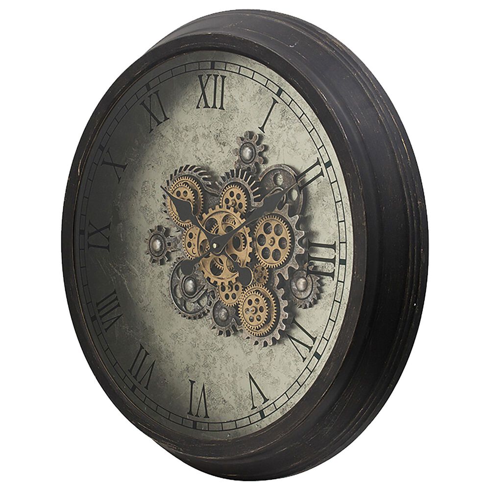 A&amp;B Home Round Clock with Exposed Gold Gears in Gray and Black, , large