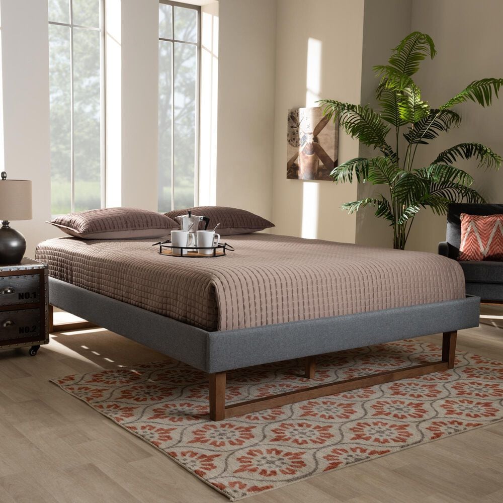 Baxton Studio Liliya Full Platform Bed Frame with Dark Grey Upholstered in Walnut Brown, , large
