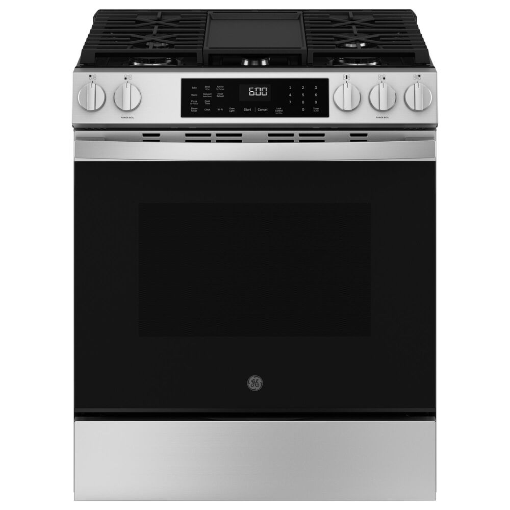 GE Appliances 2-Piece Kitchen Package with 5.3 Cu. Ft. Slide-In Gas Range and 1.9 Cu. Ft. Over-The-Range Microwave in Stainless Steel and Black, , large