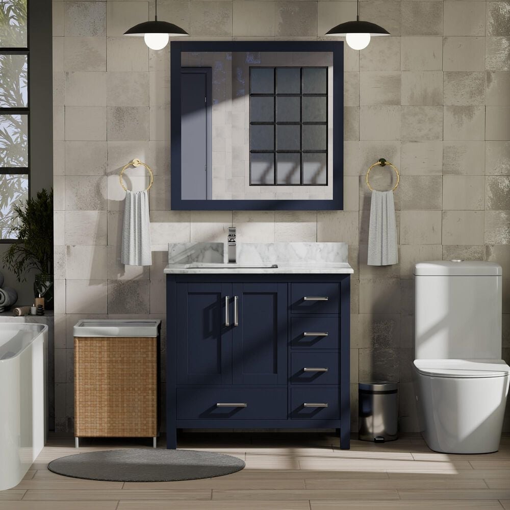 Lexora Home Jacques 36" Left Offset Single Bathroom Vanity in Navy Blue with 2 cm White Carrara Marble Top and Rectangular Sink, , large