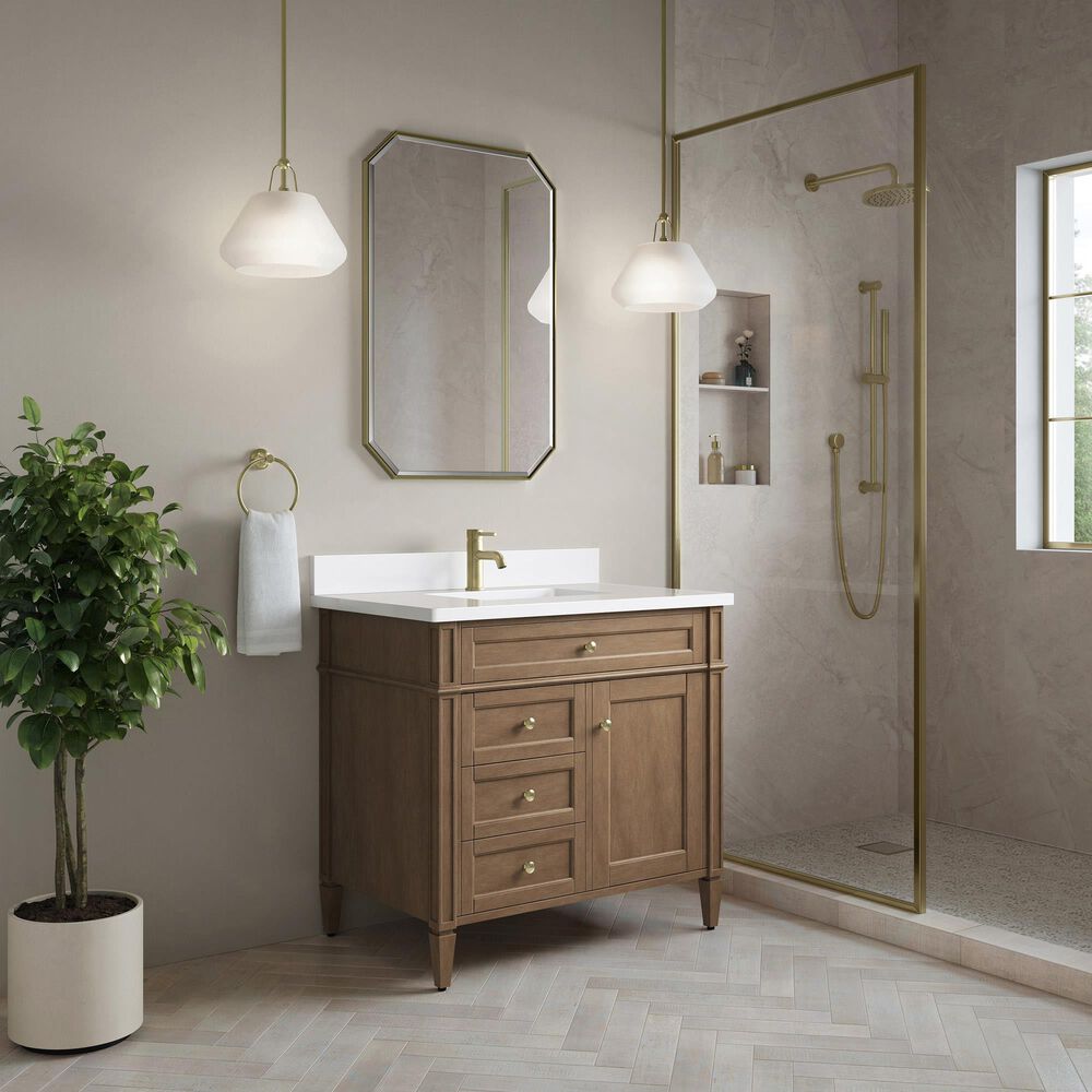 James Martin Brittany 36" Single Bathroom Vanity in Pecan with Single Hole 3 cm White Zeus Silestone Top and Rectangular Sink, , large