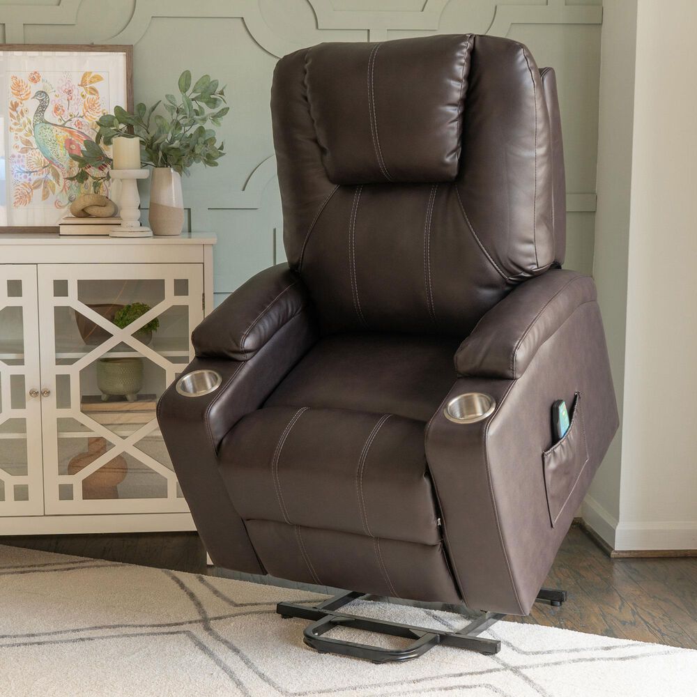 Linon Home Decor Peoria Power Lift Recliner in Chocolate, , large