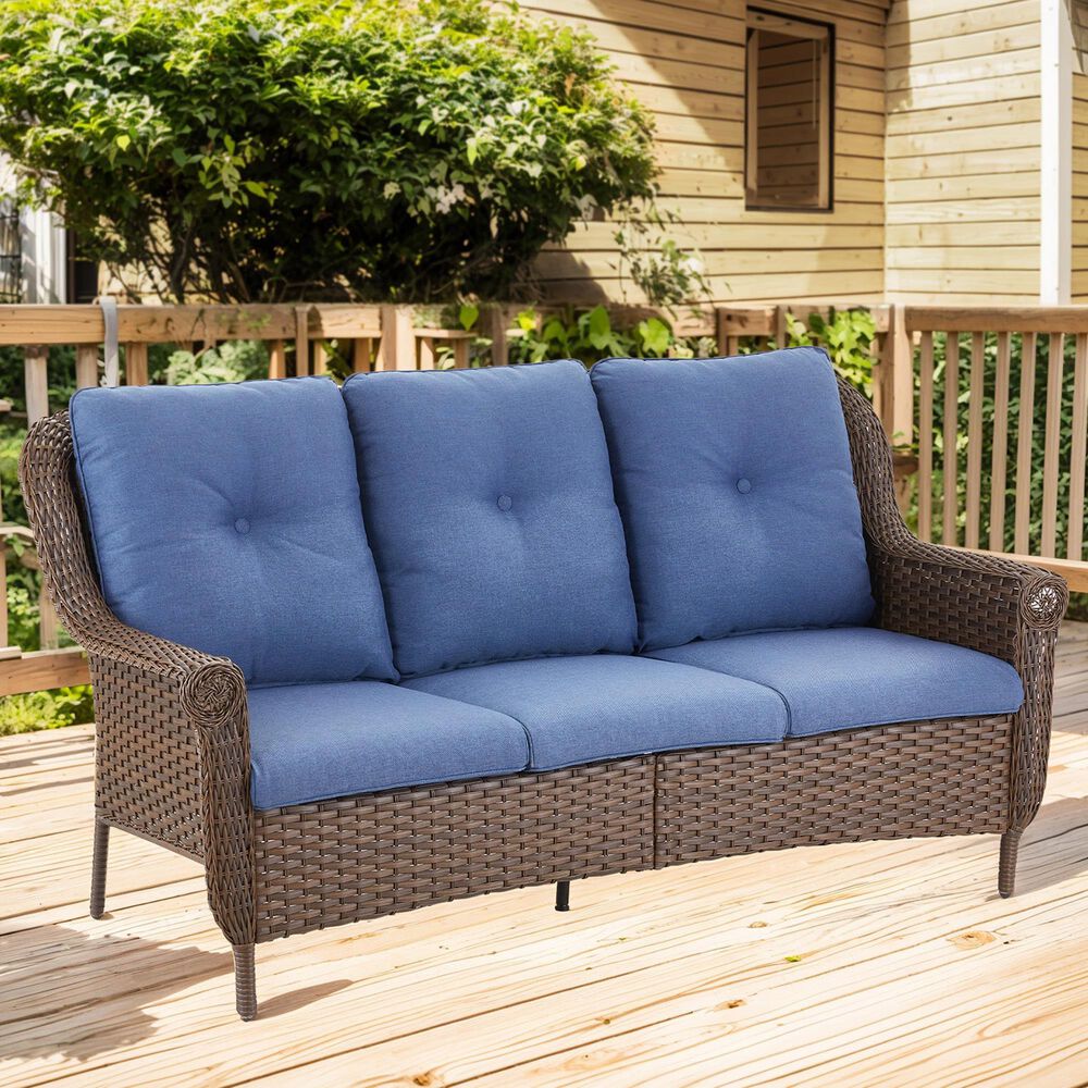Sunwell Garden 3-Seater Patio Sofa with Floral Armrests in Navy, , large