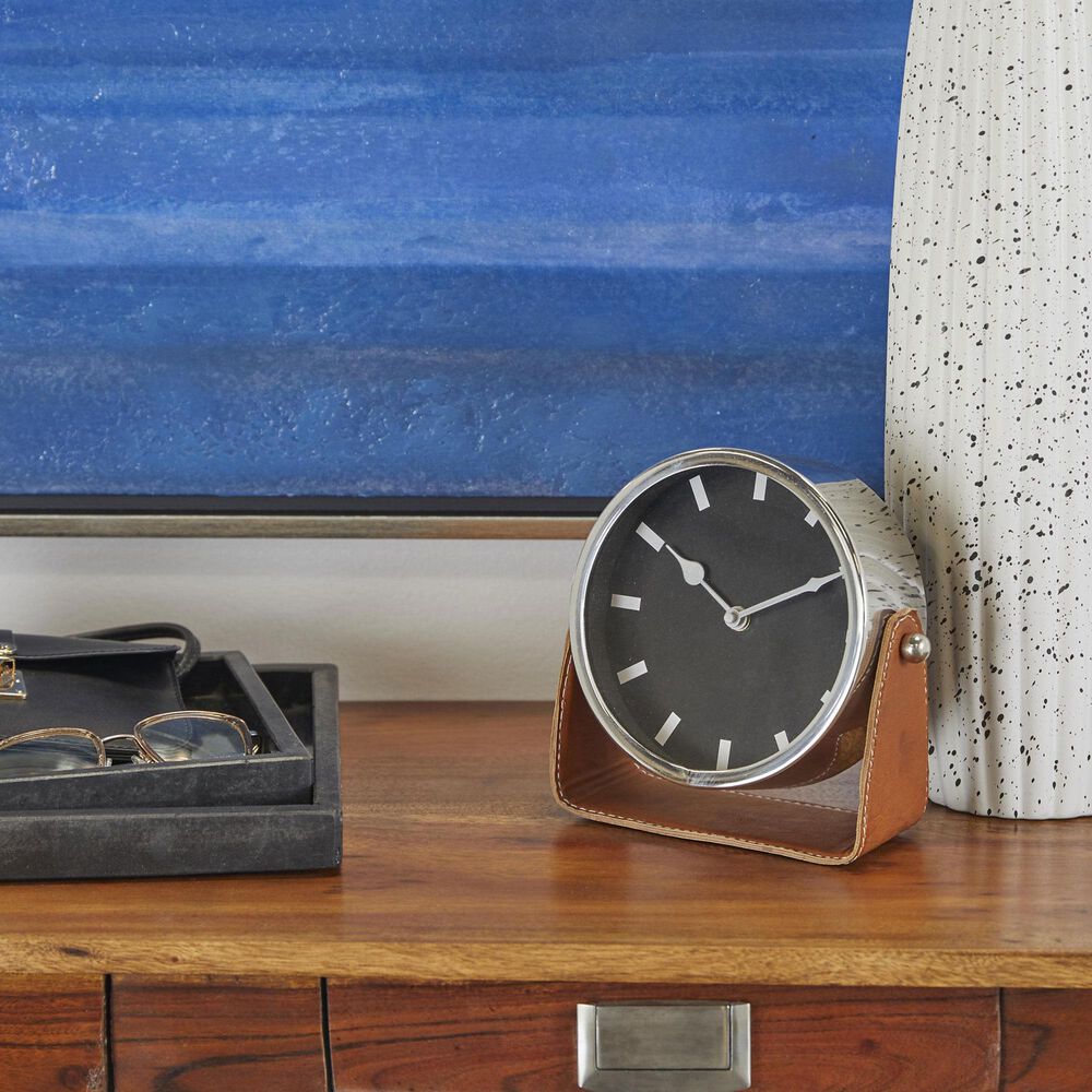 Maple and Jade Decorative Table Clock with Brown Leather Stand in Polished Gold, , large