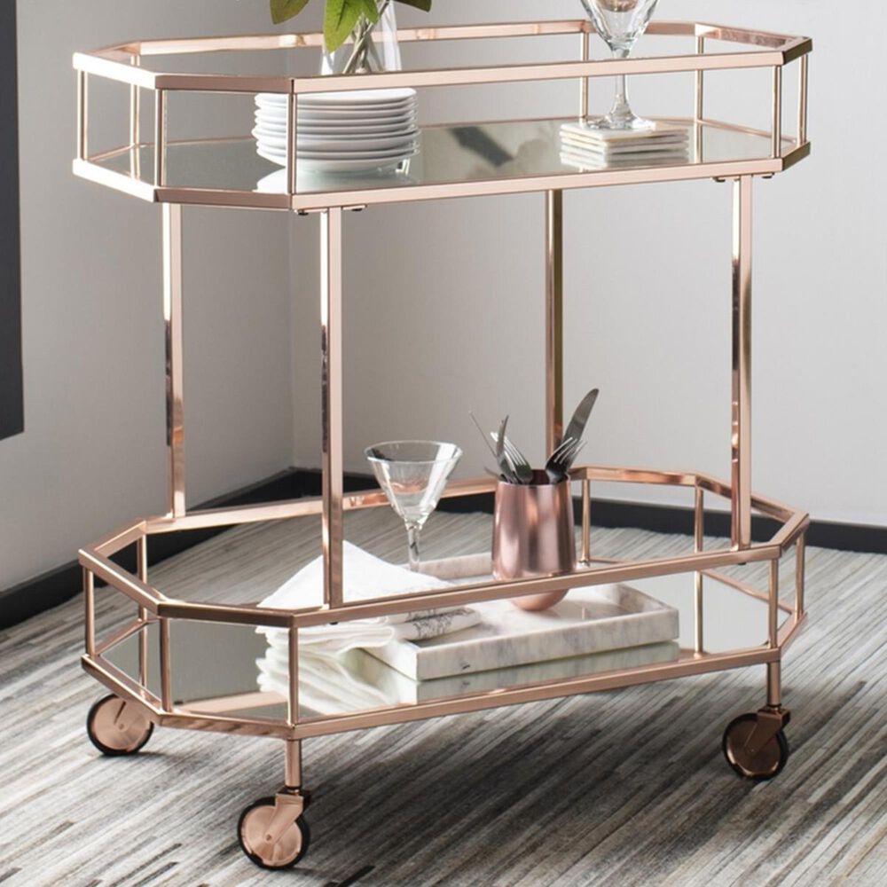 Safavieh Silva 2 Tier Octagon Bar Cart in Rose Gold and Mirror, , large