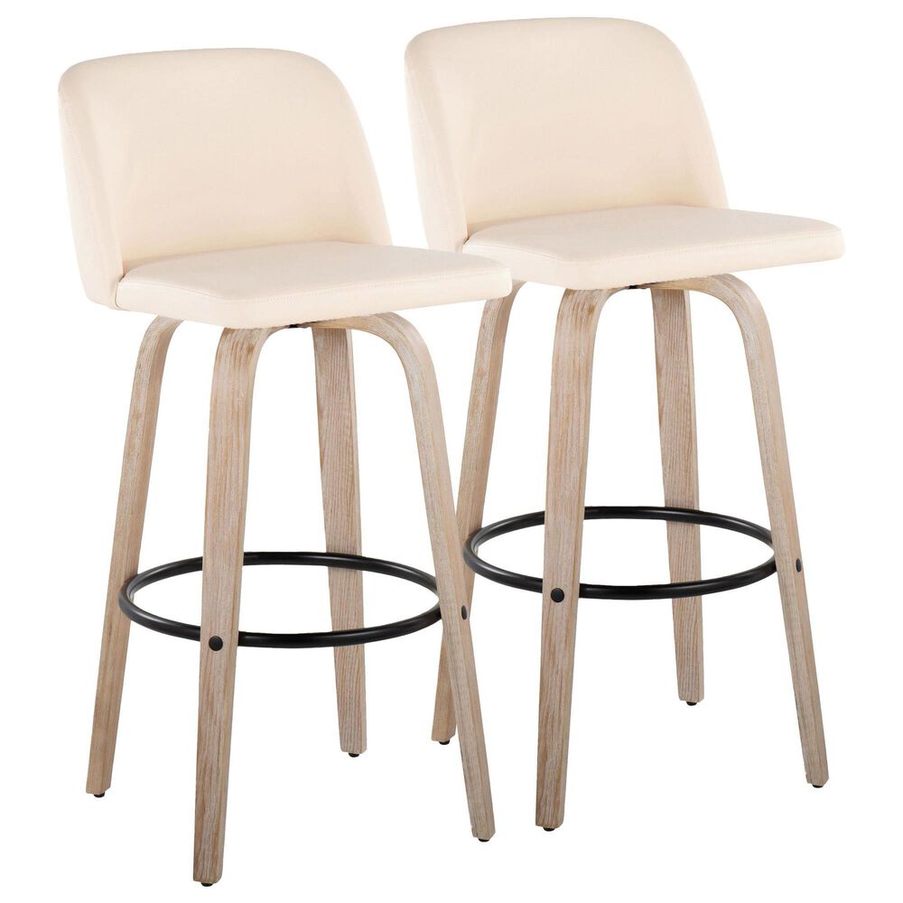 LumiSource Toriano Swivel Bar Stool with Cream Faux Leather Upholstery in Whitewashed and Black (Set of 2), , large