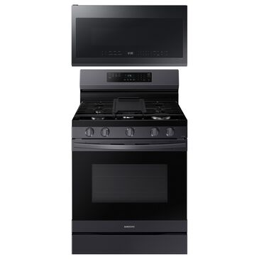 SAMSUNG 2-Piece Kitchen Package with Black Stainless Steel 30" Freestanding Gas Range and Matte Black Stainless 2.1 Cu. Ft. Over-the-Range Microwave, , large