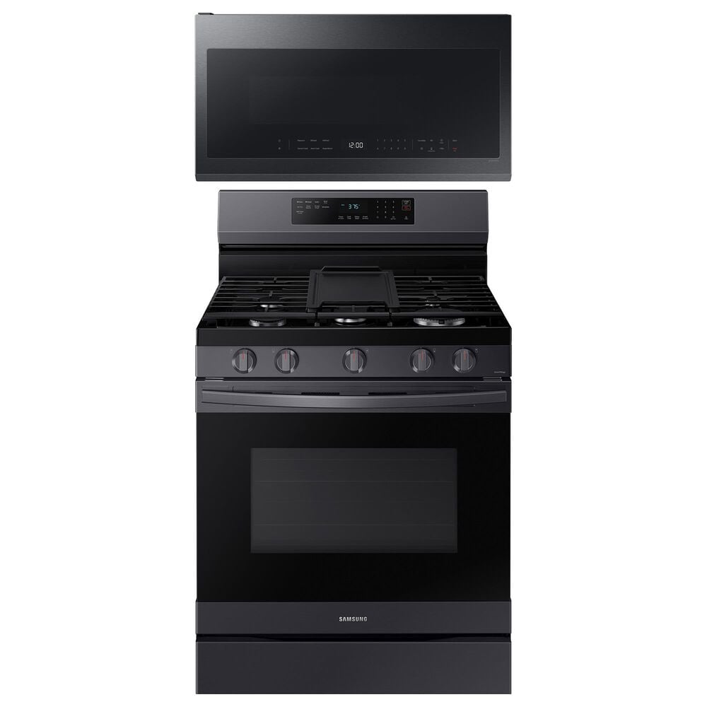 SAMSUNG 2-Piece Kitchen Package with Black Stainless Steel 30" Freestanding Gas Range and Matte Black Stainless 2.1 Cu. Ft. Over-the-Range Microwave, , large