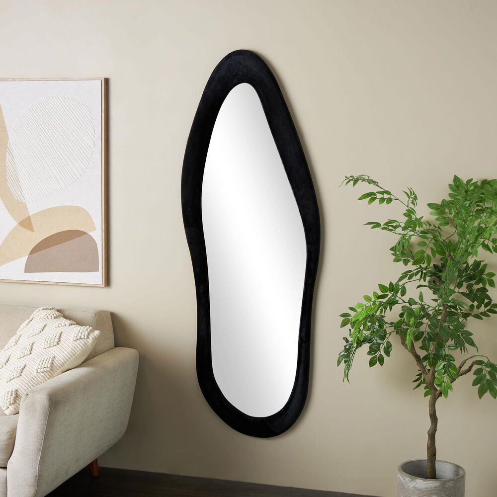 Maple and Jade 65&quot; x 26&quot; Velvet Abstract Wavy Wall Mirror in Black, , large