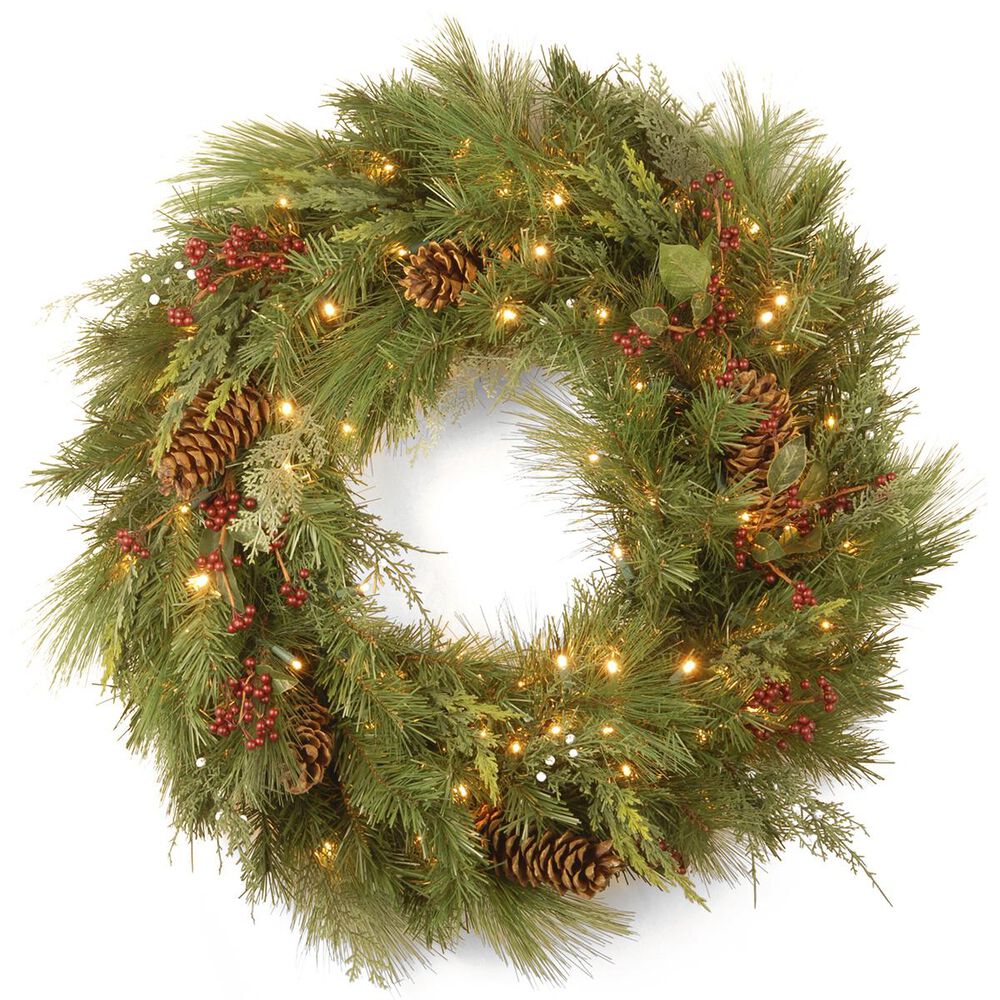 National Tree 30" White Pine Wreath with Pine Cones and 100 Soft White LED Lights, , large