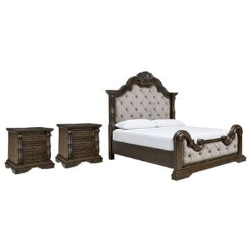 Millenium Queen Upholstered Bed and Two Nightstands in Dark Brown, , large
