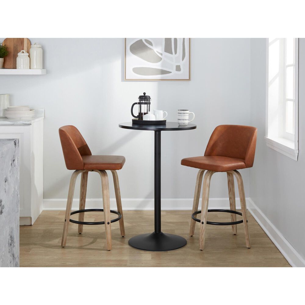LumiSource Toriano Swivel Counter Stool with Camel Faux Leather Upholstery in Whitewashed and Black (Set of 2), , large