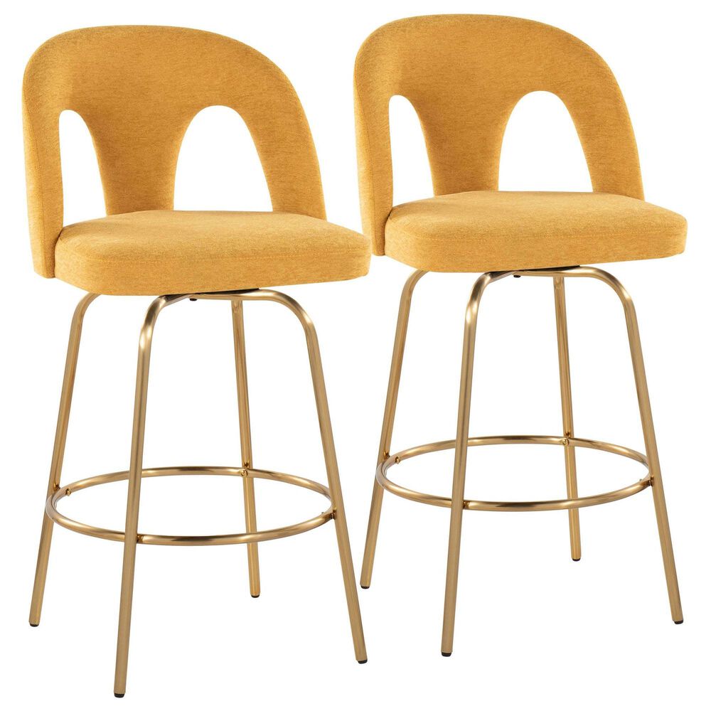 LumiSource Ava Swivel Counter Stool with Yellow Fabric Upholstery in Gold (Set of 2), , large