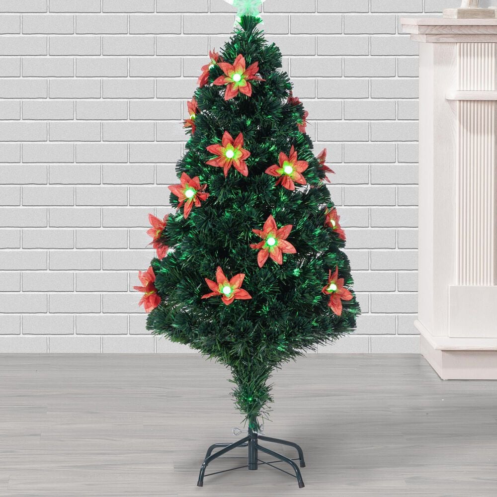 The Gerson Company 4&#39; High Color-Changing Christmas Tree with Red Poinsettia Flowers in Green, , large