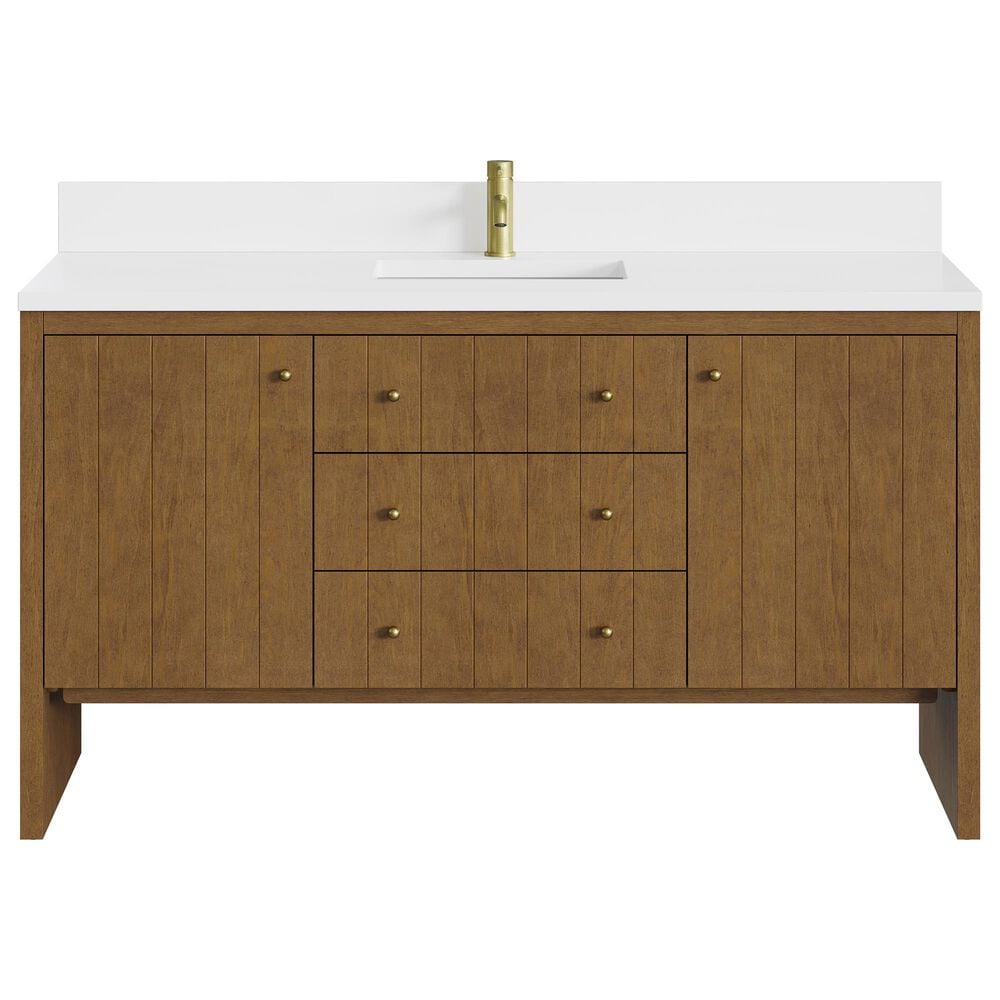 James Martin Hudson 60" Single Bathroom Vanity in Honey Oak with Single Hole 3 cm White Zeus Silestone Top and Rectangular Sink, , large