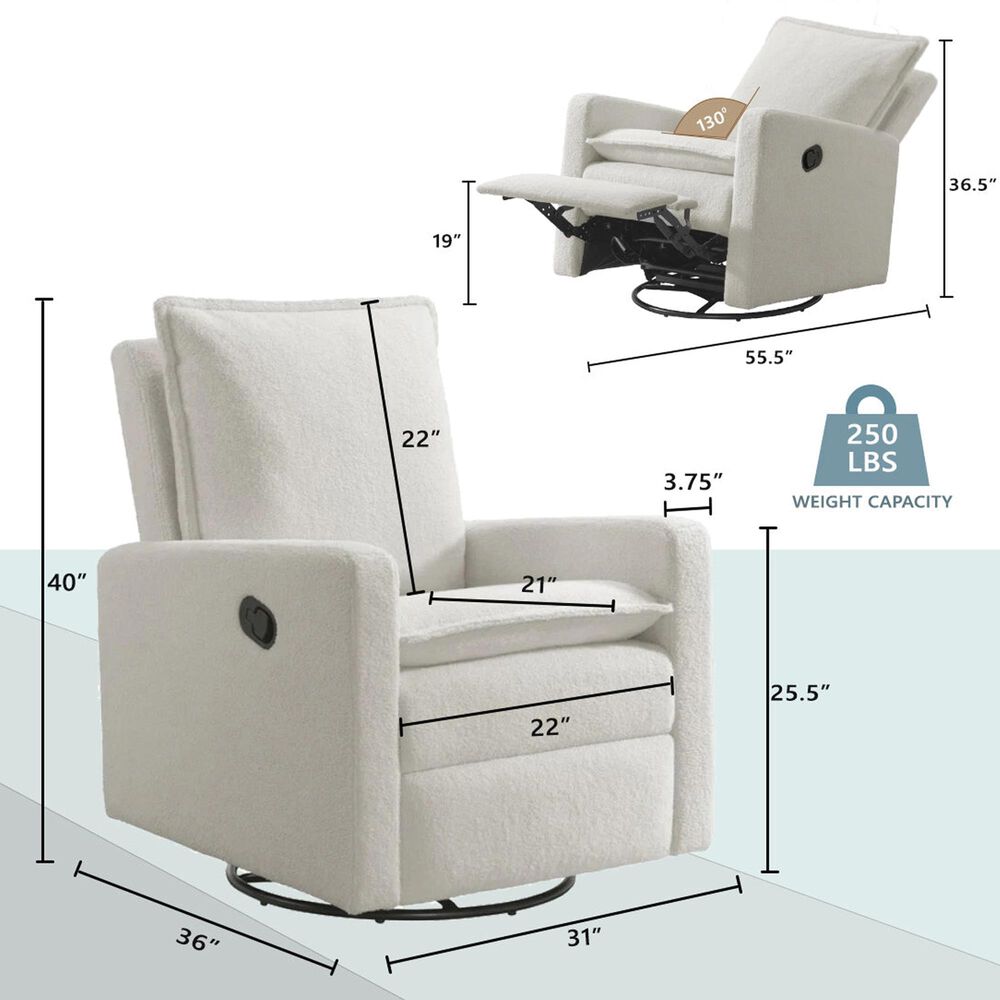 M Design Village Uptown Swivel Push Back Rocker Recliner in Boucle White, , large