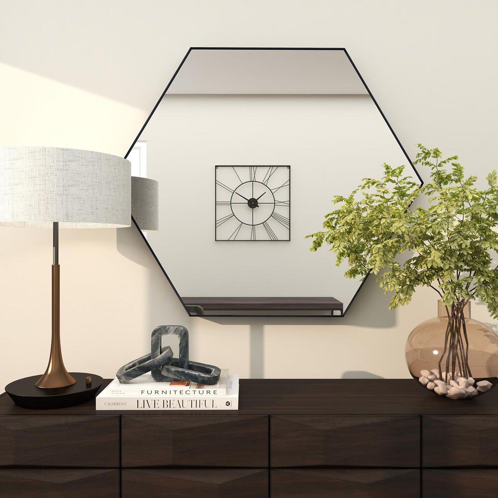 Maple and Jade 35" x 41" Hexagon Wall Mirror with Thin Minimalistic Frame in Black, , large