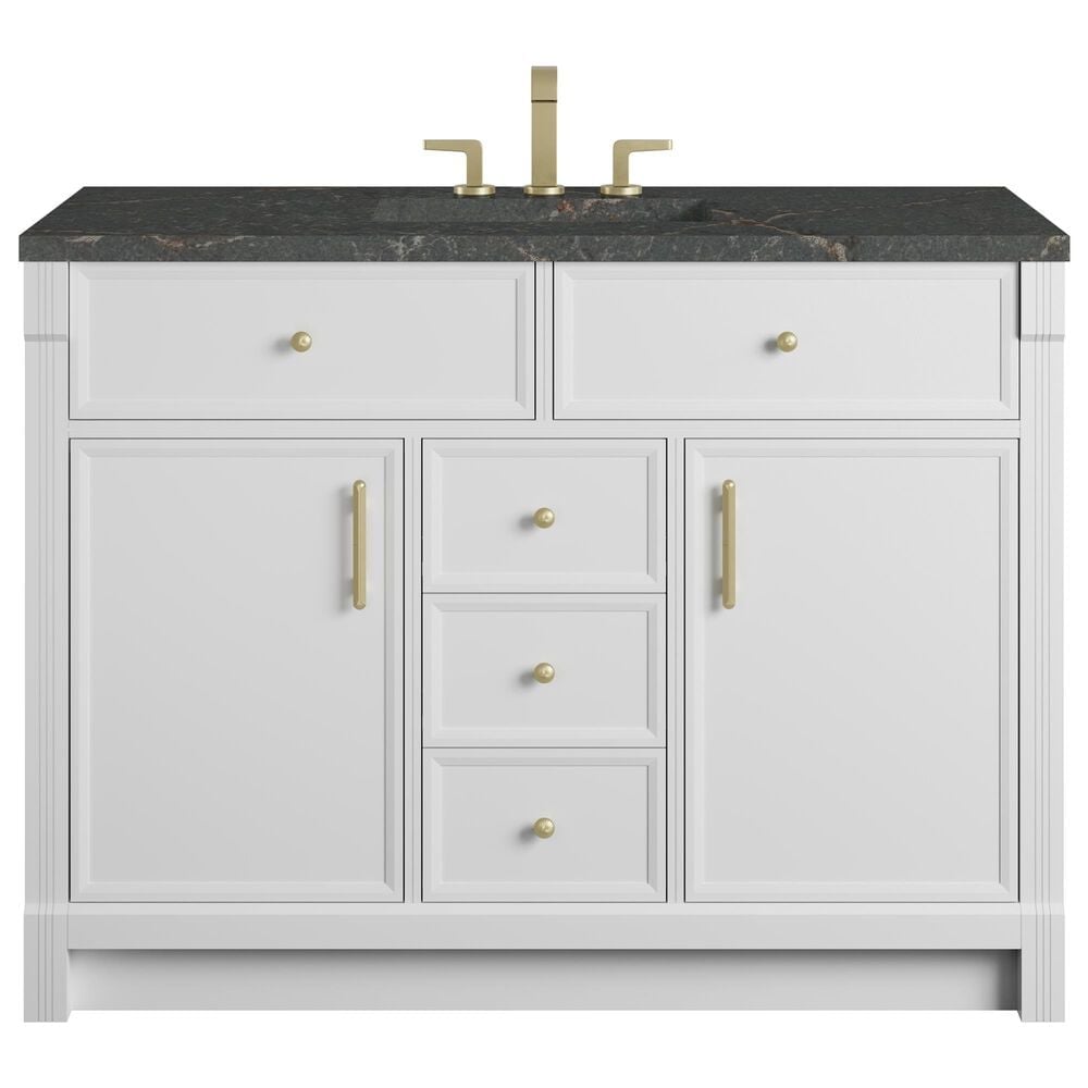 James Martin Bellshire 48" Single Bathroom Vanity in Bright White with 3 cm Parisien Bleu Silestone Top and Rectangular Sink, , large