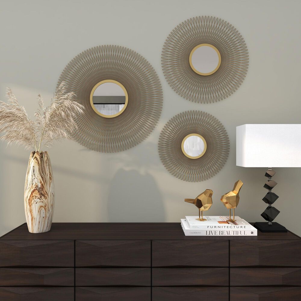 Maple and Jade Metal Sunburst Home Wall Mirror with Mirrored Accent in Polished Gold &#40;Set of 3&#41;, , large
