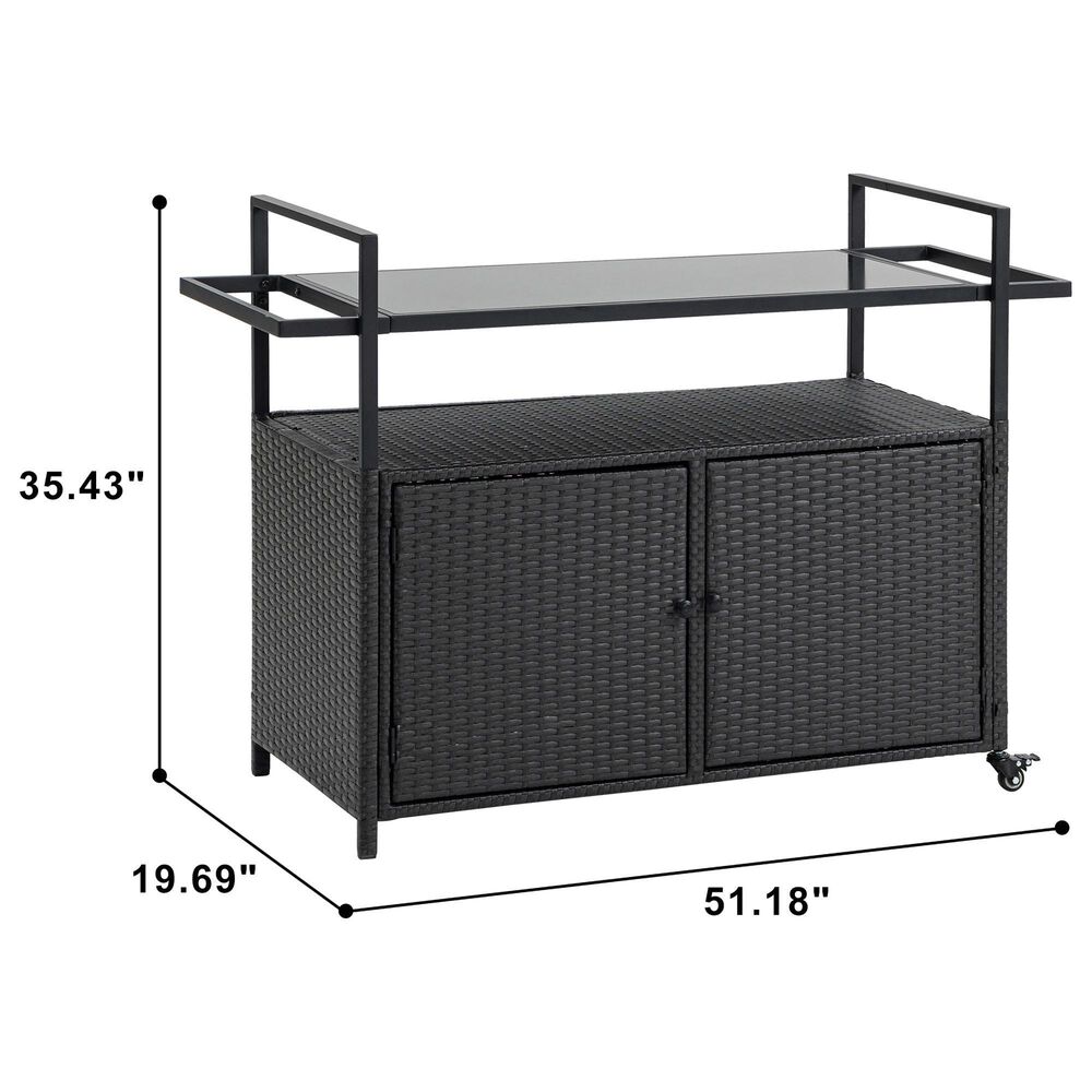 Hearth and Haven Patio Bar Cart with Glass Top and Storage Cabinet in Black, , large