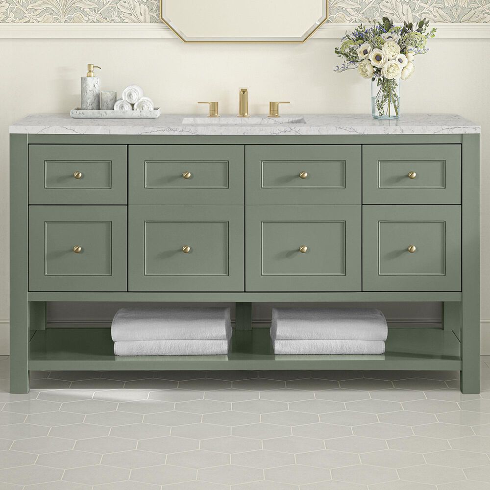 James Martin Vanities Breckenridge 60" Single Bathroom Vanity in Smokey Celadon with 3 cm Eternal Jasmine Pearl Quartz Top, Rectangular Sink and FreePower Wireless Charger, , large