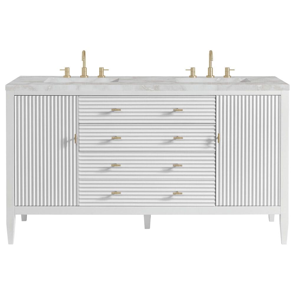 James Martin Vanities Myrrin 60" Double Bathroom Vanity in Bright White with 3 cm Eternal Jasmine Pearl Silestone Top, Rectangular Sinks and FreePower Wireless Charger, , large