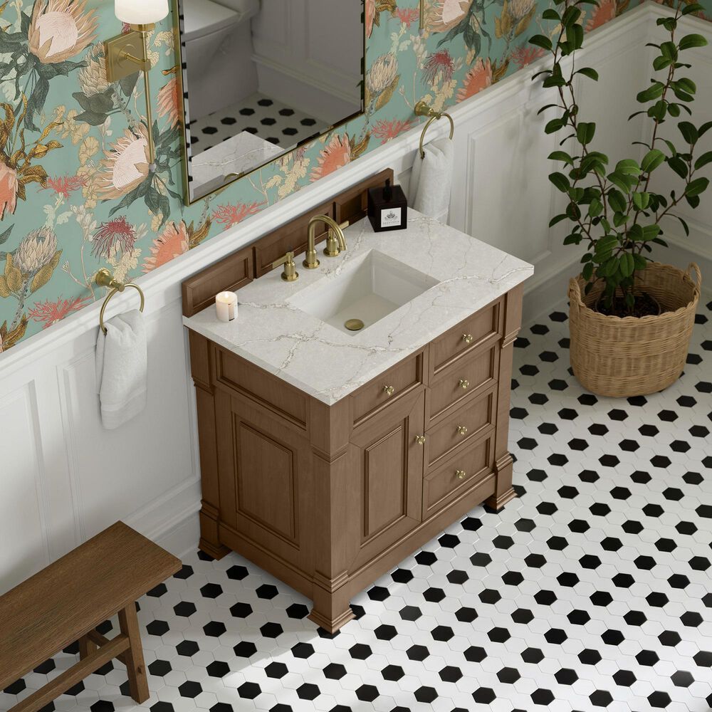 James Martin Vanities Brookfield 36&quot; Single Bathroom Vanity in Pecan with 3 cm Victorian Silver Quartz Top and Rectangular Sink, , large