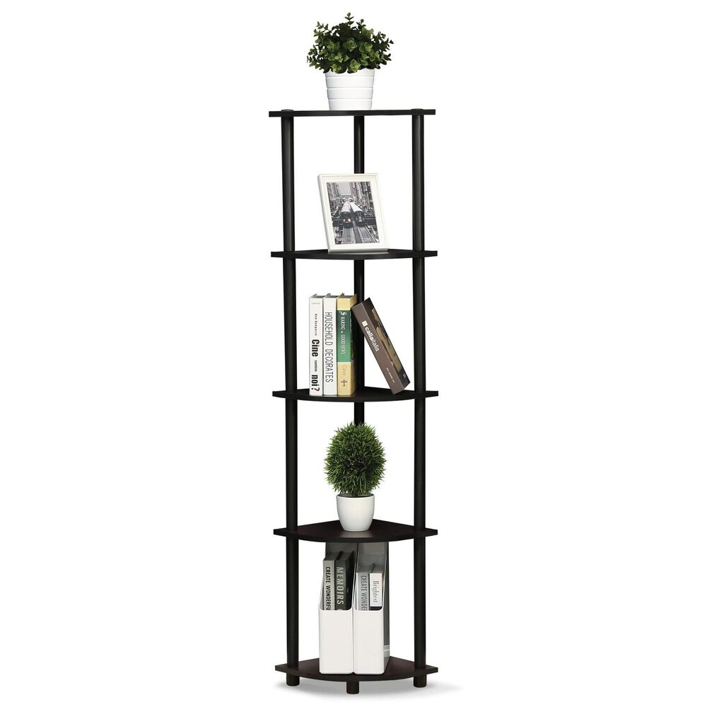 HOMLUX 5-Tier Modern Tall Corner Open Bookshelf in Dark Walnut, , large